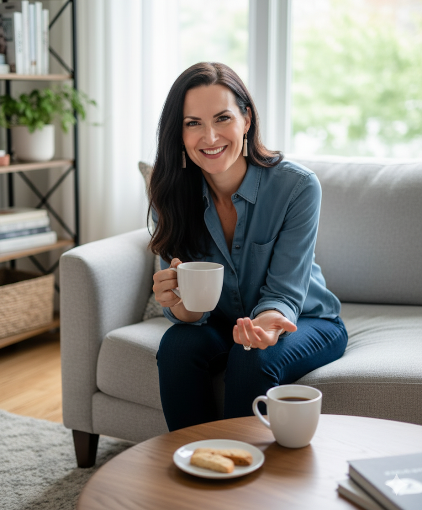 Elizabeth Turra seated at home with coffee, ready for a conversation